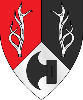 Per pall inverted gules, sable, and argent, two stag's attires palewise argent and an axe head sable
