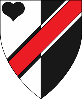 Per pale argent and sable, a bend sinister gules fimbriated counterchanged and in canton a heart sable.