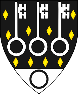 Sable semy of lozenges Or, in fess three keys palewise wards to chief and on a base argent an annulet sable.