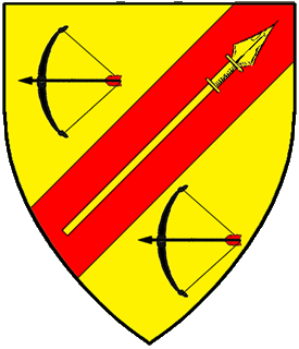 Or, on a bend sinister gules between two drawn bows with arrows nocked sable flighted gules, a spear Or.