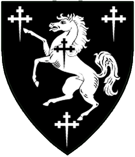 Sable, on a horse rampant between three crosses crosslet fitchy argent another sable.