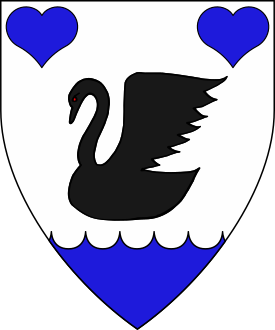 Argent, a swan naiant wings addorsed sable, in chief two hearts, a base engrailed azure.