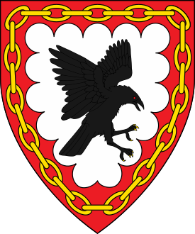 Argent, a raven striking contourny sable and on a bordure engrailed gules an orle of chain Or.