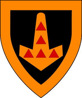 Sable, on a Thor’s hammer Or five triangles one, one, and three gules, a bordure Or Device or arms for Brúni Óblauðsson ørrabein