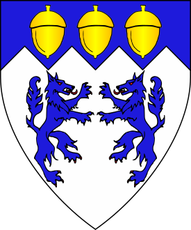 Argent, two wolves combattant and on a chief indented azure three acorns Or.