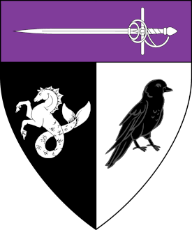 Per pale sable and argent, a sea-horse and a raven addorsed counterchanged, on a chief purpure a rapier argent