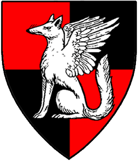 Quarterly gules and sable, a winged fox sejant argent.