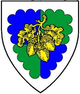 Quarterly azure and vert, a cluster of acorns pendant from a slip Or within a bordure engrailed argent.