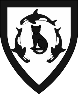 Or, a domestic cat sejant guardant sable between three orcas naiant in annulo proper, a bordure sable.