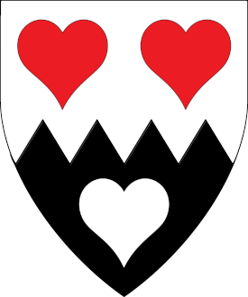 Per fess indented argent and sable, three hearts counterchanged gules and argent