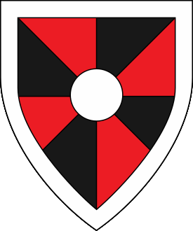 Gyronny sable and gules, a roundel and a bordure argent.