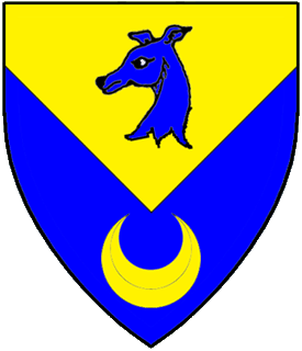 Per chevron inverted Or and azure, a greyhound's head erased and a crescent counterchanged.