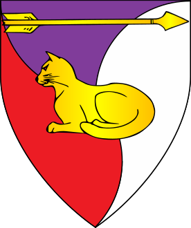 Per pall arrondi purpure, gules and argent, a domestic cat couchant and in chief an arrow fesswise Or.
