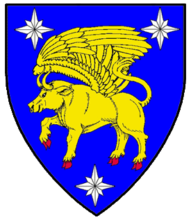 Azure, a winged bull passant Or between three compass stars argent.