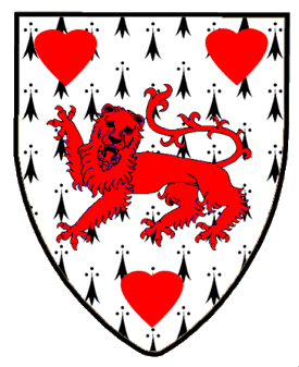 Ermine, a lion passant guardant between three hearts gules.