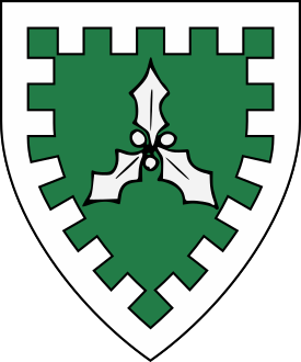 Vert, three holly leaves fructed and conjoined in pall inverted, a bordure embattled argent.
