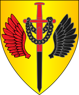 Or, in fess a sword inverted per fess gules and sable enfiling a loop of chain draped over the quillons sable between a pair of wings, the dexter wing gules and the sinister wing sable. 