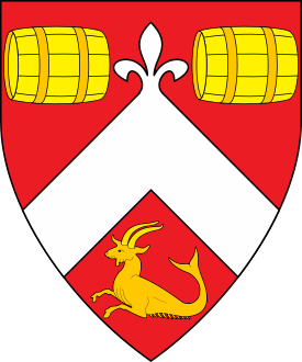 Gules, a chevron flory at the point argent between two barrels and a sea-goat naiant Or.