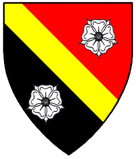Per bend gules and sable, a bend Or between two roses argent.