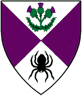 Per saltire argent and purpure, in pale a three­headed thistle proper and a spider inverted sable.