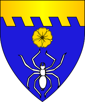 Azure, a spider argent and in chief a rose, a chief raguly Or.