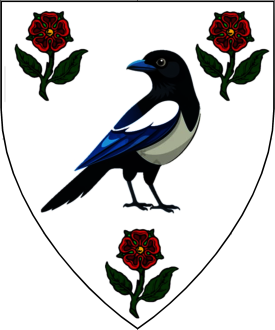 Argent, a magpie contourny reguardant between three roses slipped and leavedproper Device or arms for Constança Mateus