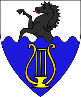 Per fess wavy argent and azure, a demi-horse issuant from the line of division sable and a lyre Or.