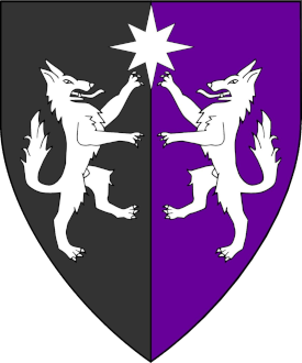 Per pale sable and purpure, two jackals combattant and in chief a compass star argent Device or arms for Crimthann Eriksson of Starfyre