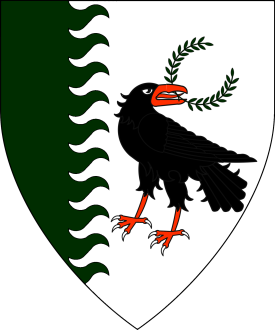 Argent, a crow reguardant sable maintaining in its beak a laurel wreath, a tierce rayonny vert
