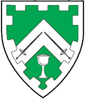 Vert, on a chevron argent two swords sable, in base a goblet, all within a bordure embattled argent.