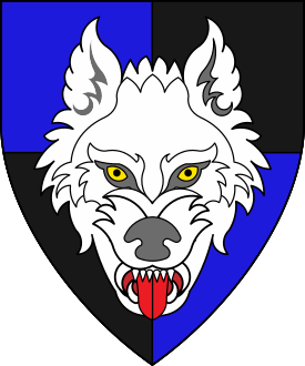 Quarterly azure and sable, a wolf’s head cabossed argent.
