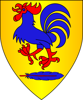 Or, a dunghill cock azure armed, crested, and jelloped gules, in base a feather fesswise its quill to dexter azure.