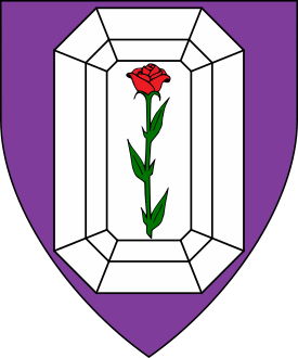 Purpure, on a step-cut gemstone palewise argent a rose gules slipped and leaved vert.