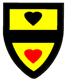 Or, a fess between a heart sable and a heart gules all within a bordure sable.