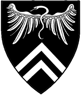 Sable, in pale a winged serpent displayed and two chevronels argent.
