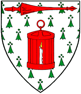 Argent ermined vert, a lantern gules with candle argent lit Or, in chief a lance fesswise reversed gules.
