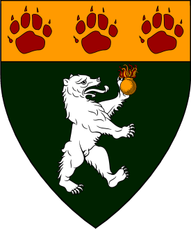 Vert, a bear rampant to sinister argent maintaining a grenade Or flamed proper, on achief Or three bear’s pawprints gules Device or arms for Drust the Hunter
