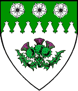 Argent, a triple-headed thistle proper, on a chief indented flory at the points vert three roses argent.