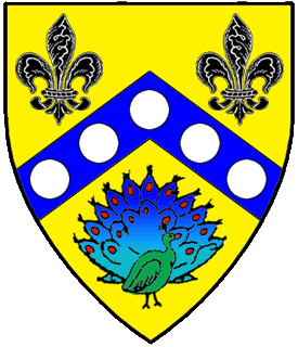 Or, on a chevron azure between two fleurs-de-lis sable and a peacock in its pride statant to sinister proper, five plates.