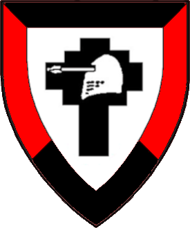 Argent, on a cross nowy quadrate couped sable a great helm pierced through the eye-slit by an arrow fesswise point to sinister argent within a bordure per saltire sable and gules.