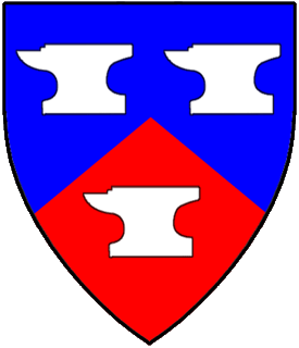 Per chevron azure and gules, three anvils argent. Device or arms for Edward the Smith