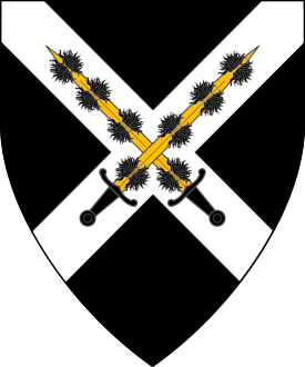 Sable, on a saltire argent two swords in saltire Or hilted and enflamed sable