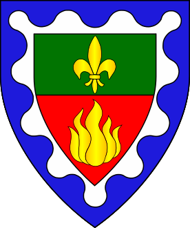 Per fess vert and gules, a fleur-de-lys and a flame Or, a bordure parted bordurewise wavy argent and azure.