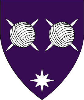 Purpure, in fess two clews of yarn each transfixed by a pair of knitting needles in saltire and in base a compass star argent