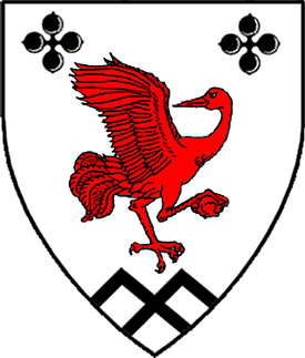 Argent, a crane in its vigilance to sinister reguardant, wings elevated and addorsed gules, between in chief two quatrefoils and in base two chevronels braced sable.