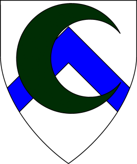 Argent, a chevron azure, overall a decrescent vert