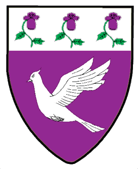 Purpure, a dove volant wings addorsed, on a chief argent three violets purpure, slipped and leaved vert.
