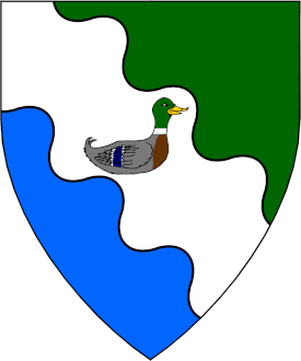 Per bend vert and azure, on a bend wavy argent a mallarddrake naiant to sinister palewise proper