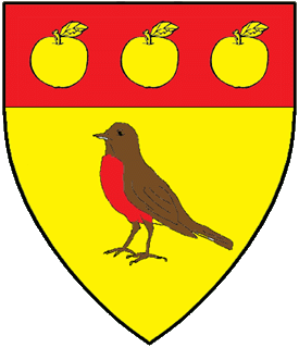 Or, a robin proper and on a chief gules three apples slipped and leaved Or.