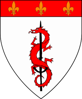 Argent, a wingless dragon gules entwined around a landsknecht